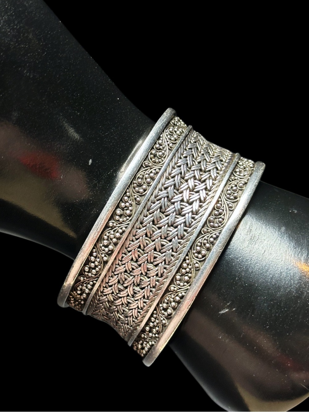 LOIS HILL Sterling Silver Thai Weave Cuff w/ Oxidized Silver & Granulated Cutout